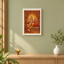Hanuman Devotional Prayer Ram Sita Saffron Temple Art Photo Frame — white frame distant wall