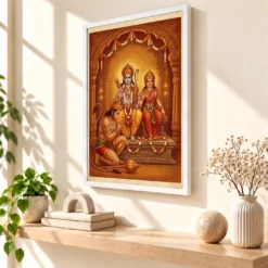 Hanuman Devotional Prayer Ram Sita Saffron Temple Art Photo Frame — white frame warm console