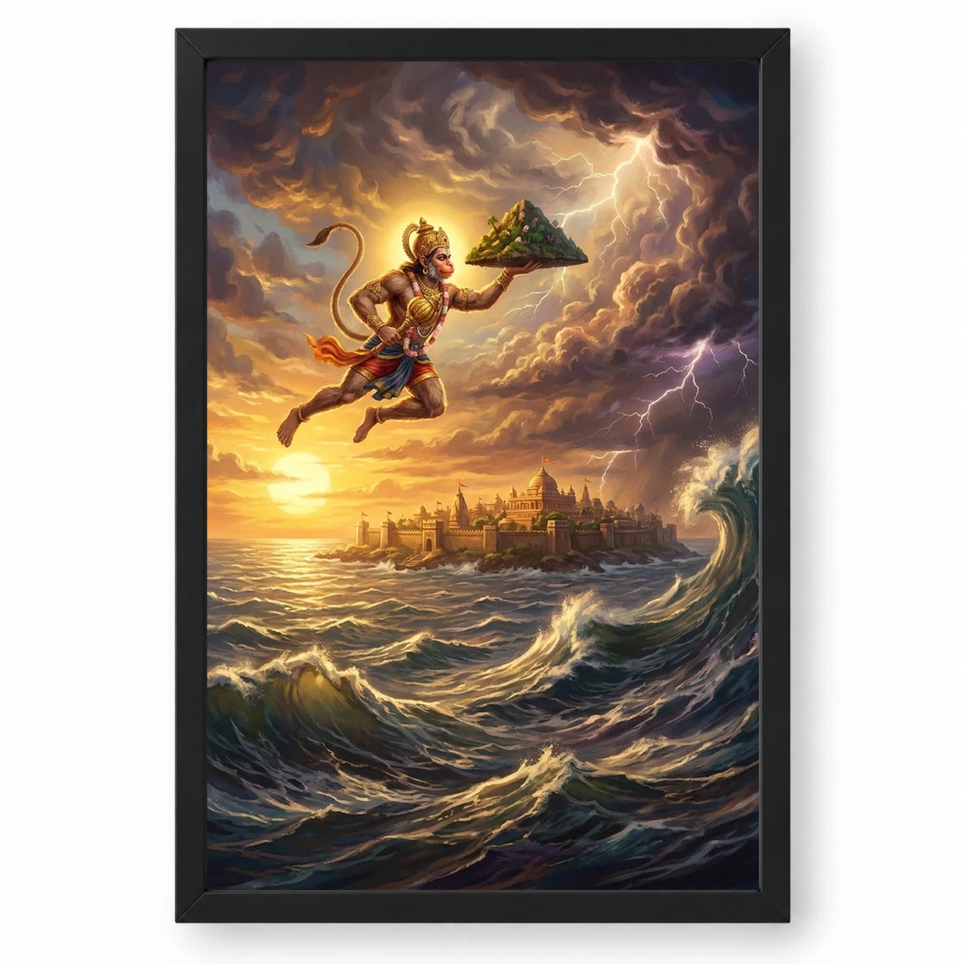 Hanuman Flying Ocean Lanka Golden Glow Ramayana Art Photo Frame 1 Hanuman Flying Ocean Lanka Golden Glow Ramayana Art Photo Frame — black frame clean