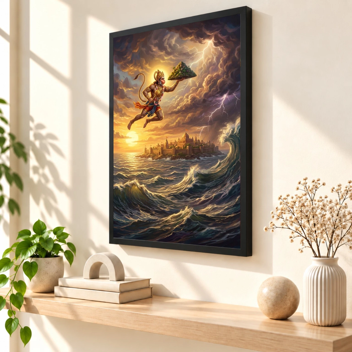 Hanuman Flying Ocean Lanka Golden Glow Ramayana Art Photo Frame 2 Hanuman Flying Ocean Lanka Golden Glow Ramayana Art Photo Frame — black frame console