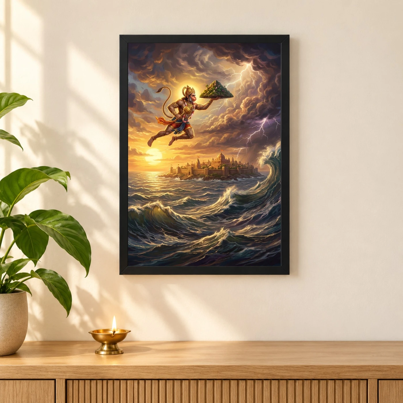 Hanuman Flying Ocean Lanka Golden Glow Ramayana Art Photo Frame 3 Hanuman Flying Ocean Lanka Golden Glow Ramayana Art Photo Frame — black frame pooja shelf