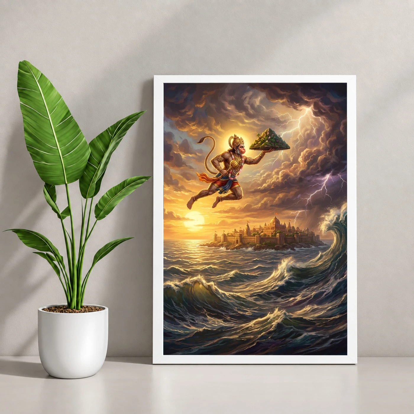 Hanuman Flying Ocean Lanka Golden Glow Ramayana Art Photo Frame 4 Hanuman Flying Ocean Lanka Golden Glow Ramayana Art Photo Frame — white frame console