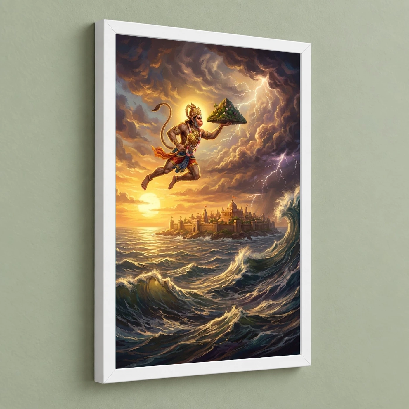 Hanuman Flying Ocean Lanka Golden Glow Ramayana Art Photo Frame 5 Hanuman Flying Ocean Lanka Golden Glow Ramayana Art Photo Frame — white frame angled wall
