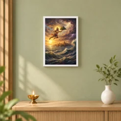 Hanuman Flying Ocean Lanka Golden Glow Ramayana Art Photo Frame 14 Hanuman Flying Ocean Lanka Golden Glow Ramayana Art Photo Frame — white frame distant wall
