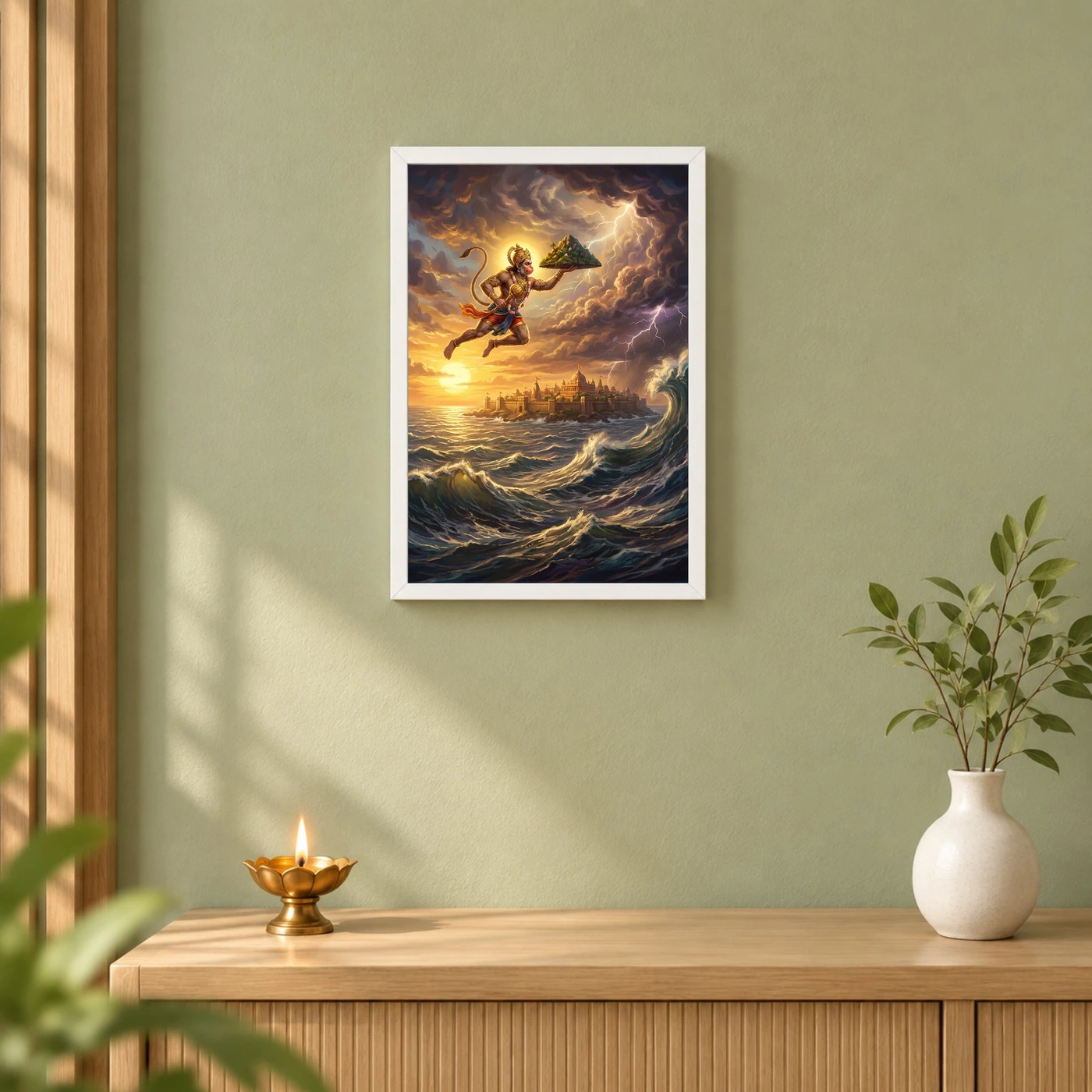 Hanuman Flying Ocean Lanka Golden Glow Ramayana Art Photo Frame 6 Hanuman Flying Ocean Lanka Golden Glow Ramayana Art Photo Frame — white frame distant wall