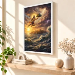 Hanuman Flying Ocean Lanka Golden Glow Ramayana Art Photo Frame 15 Hanuman Flying Ocean Lanka Golden Glow Ramayana Art Photo Frame — white frame warm console