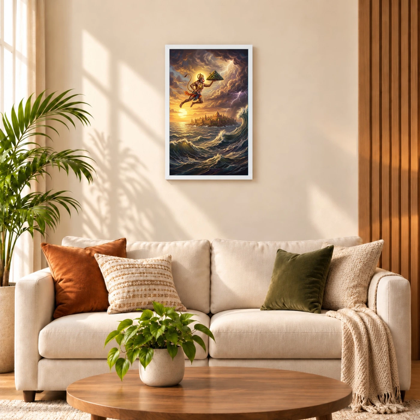 Hanuman Flying Ocean Lanka Golden Glow Ramayana Art Photo Frame 9 Hanuman Flying Ocean Lanka Golden Glow Ramayana Art Photo Frame — white frame sofa