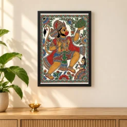 Hanuman Madhubani Folk Art Bihar Traditional Painting Photo Frame — black frame pooja shelf