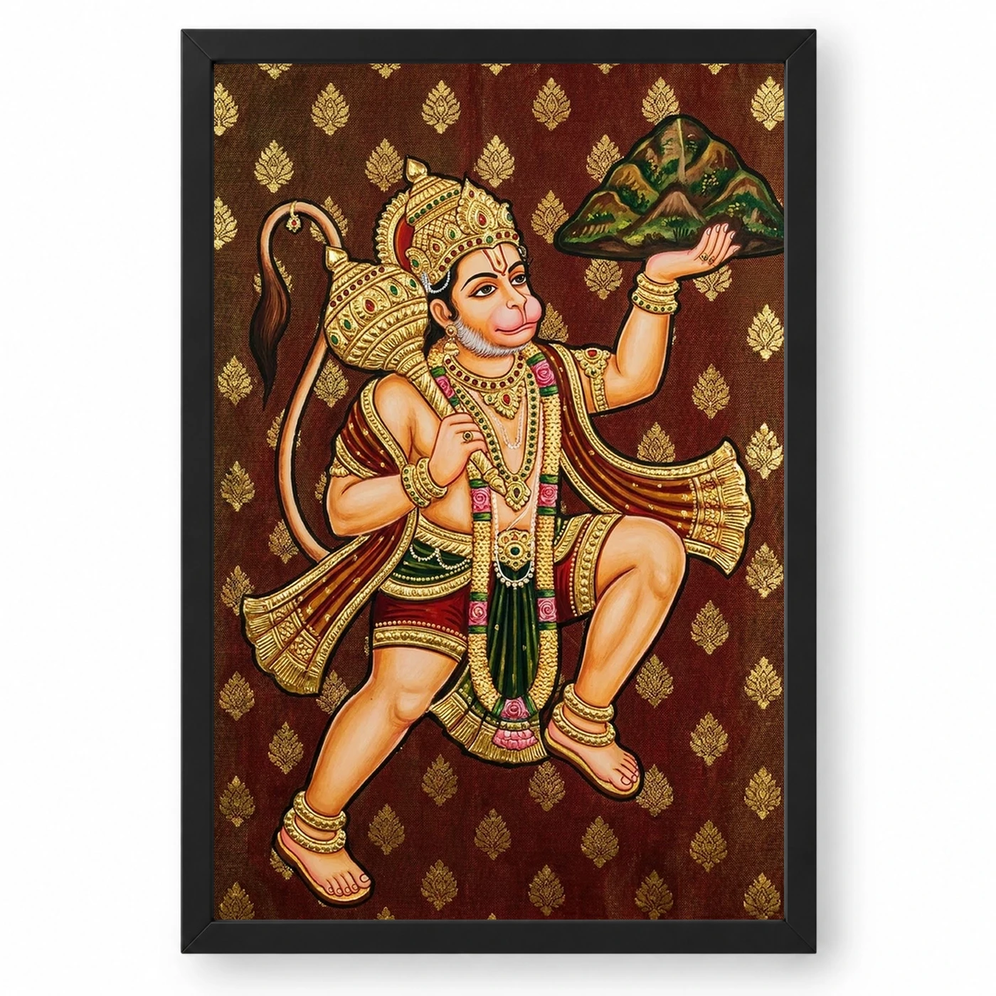 Lord Hanuman Tanjore Painting Sanjeevani Gold South Indian Art Photo Frame 1 Lord Hanuman Tanjore Painting Sanjeevani Gold South Indian Art Photo Frame — black frame clean