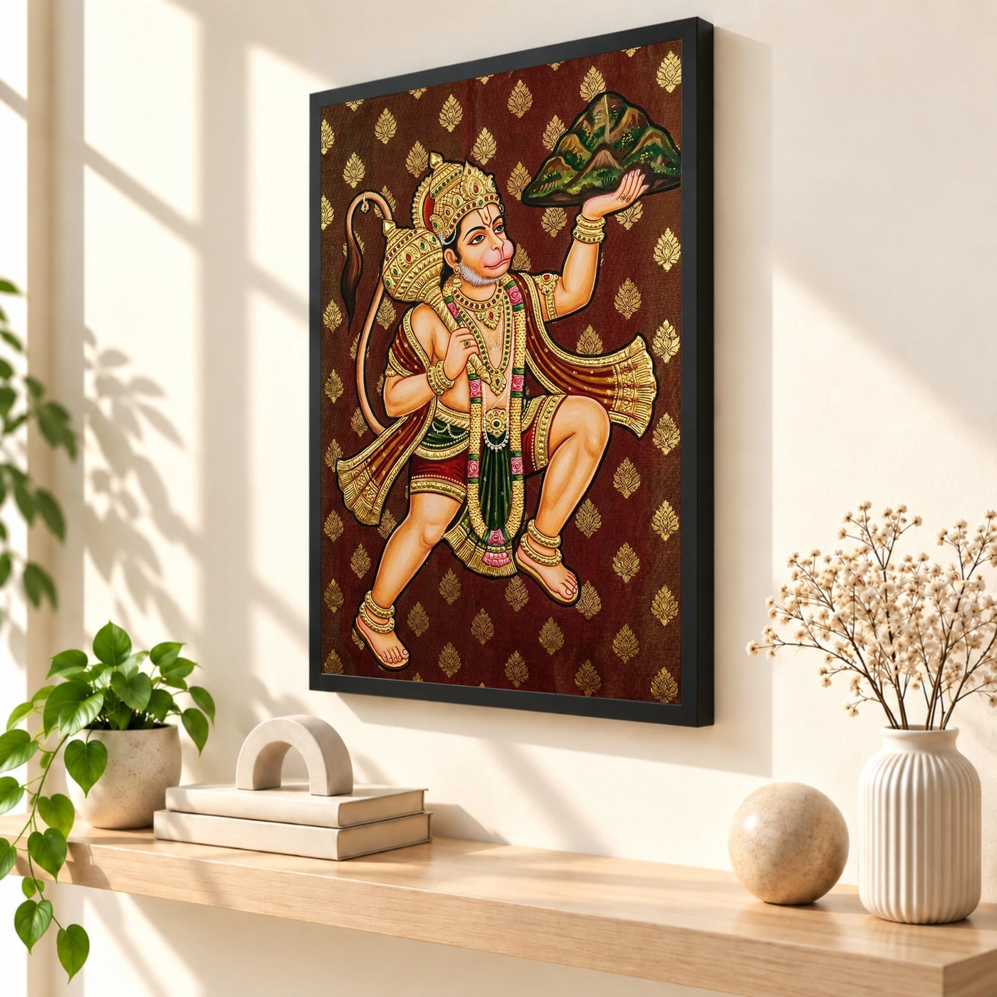 Lord Hanuman Tanjore Painting Sanjeevani Gold South Indian Art Photo Frame 2 Lord Hanuman Tanjore Painting Sanjeevani Gold South Indian Art Photo Frame — black frame console