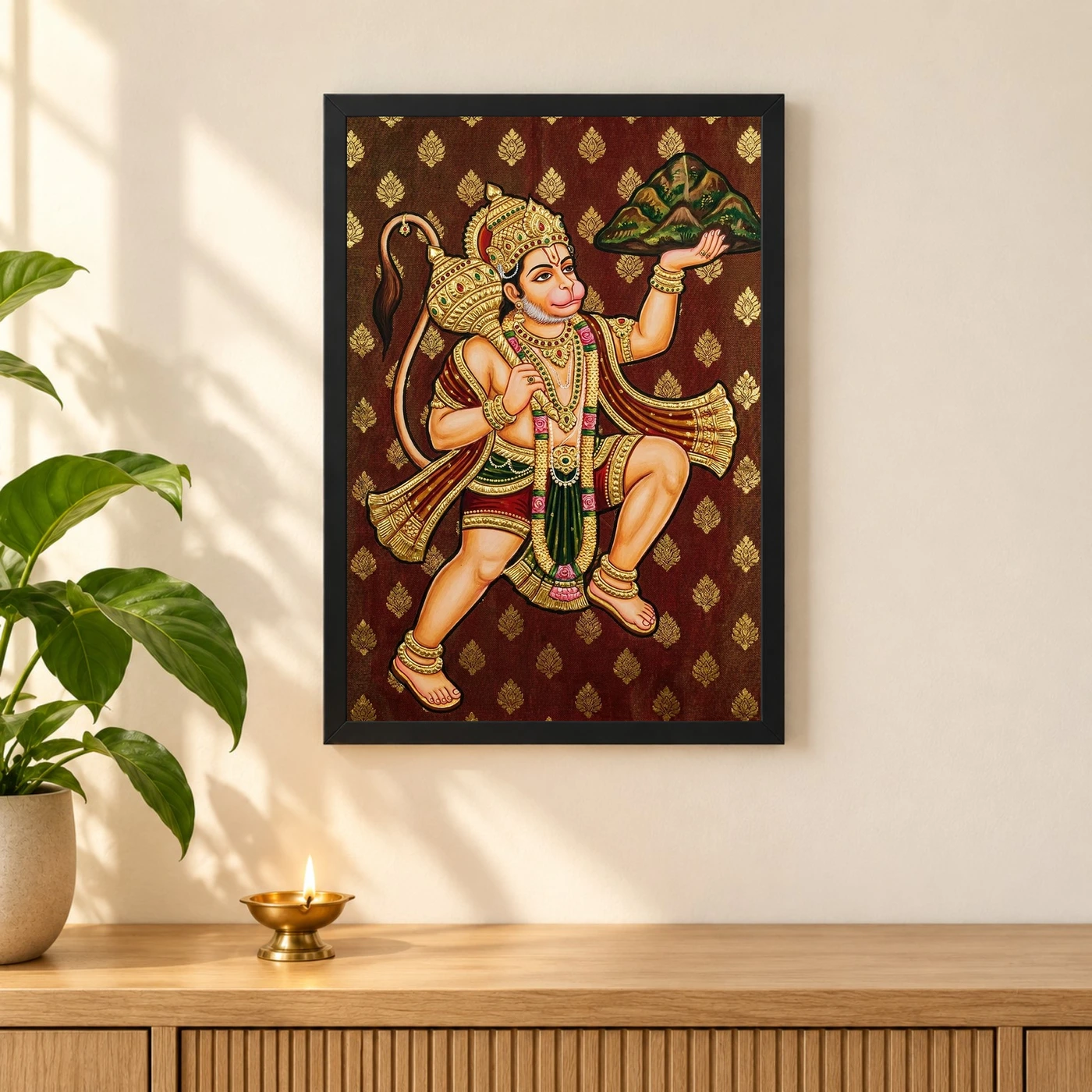 Lord Hanuman Tanjore Painting Sanjeevani Gold South Indian Art Photo Frame 3 Lord Hanuman Tanjore Painting Sanjeevani Gold South Indian Art Photo Frame — black frame pooja shelf