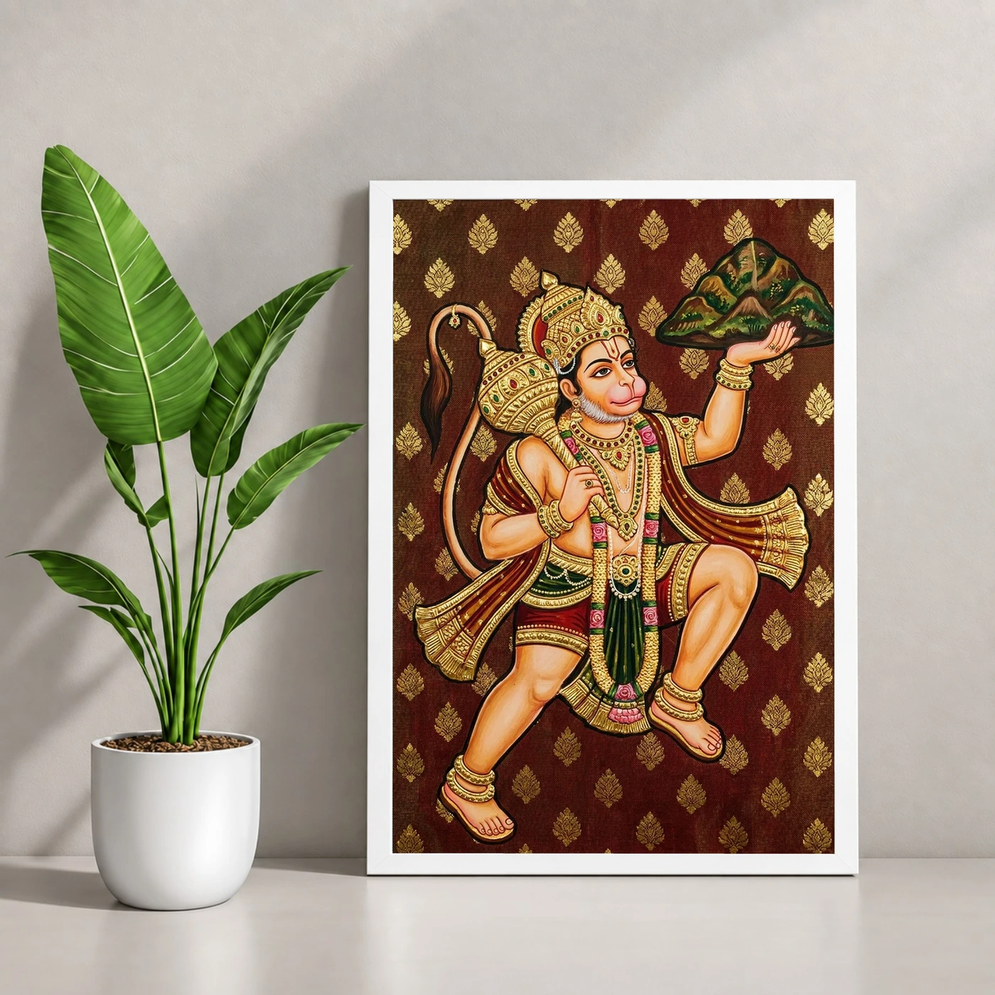 Lord Hanuman Tanjore Painting Sanjeevani Gold South Indian Art Photo Frame 4 Lord Hanuman Tanjore Painting Sanjeevani Gold South Indian Art Photo Frame — white frame console