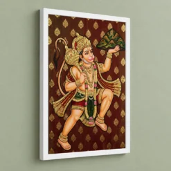 Lord Hanuman Tanjore Painting Sanjeevani Gold South Indian Art Photo Frame 13 Lord Hanuman Tanjore Painting Sanjeevani Gold South Indian Art Photo Frame — white frame angled wall