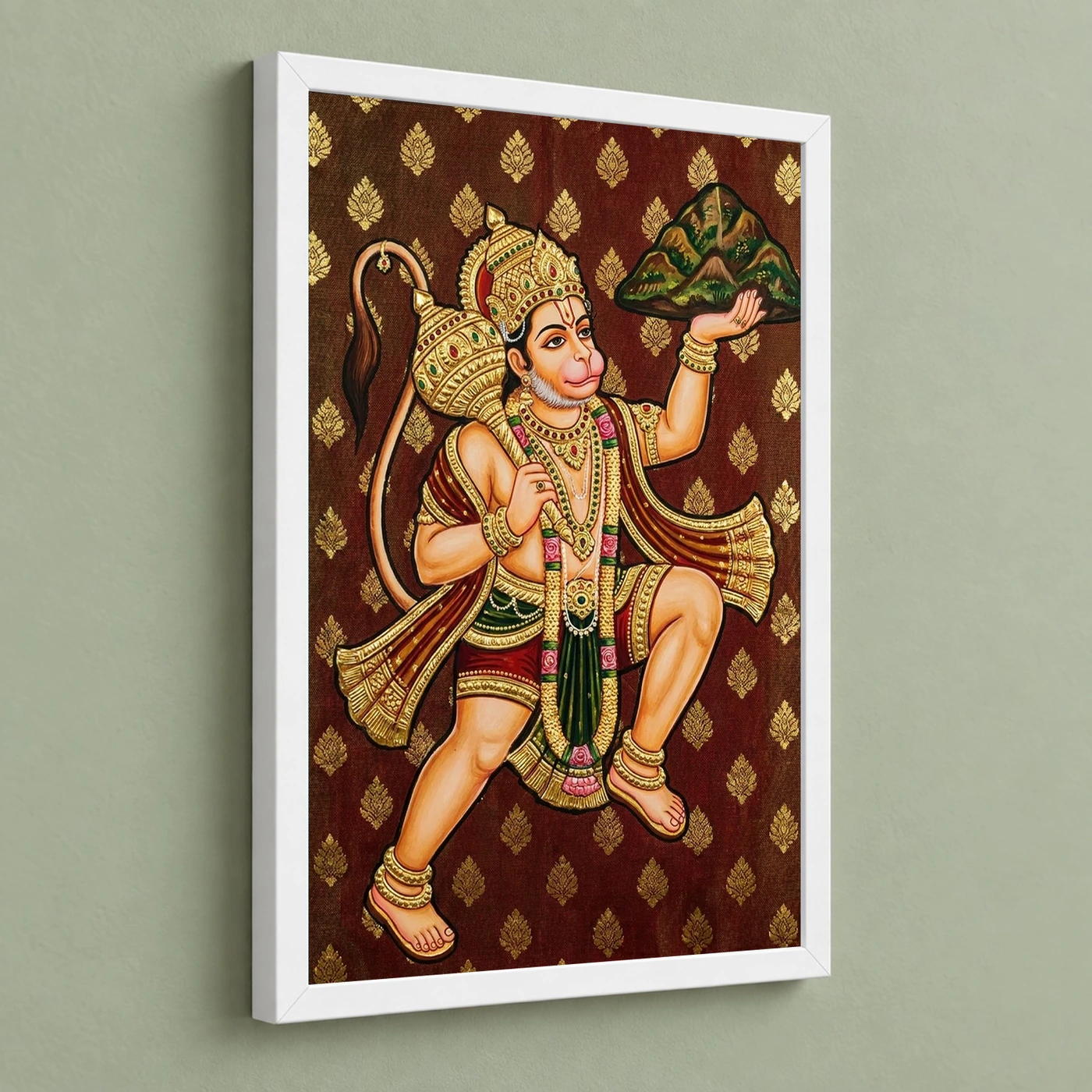 Lord Hanuman Tanjore Painting Sanjeevani Gold South Indian Art Photo Frame 5 Lord Hanuman Tanjore Painting Sanjeevani Gold South Indian Art Photo Frame — white frame angled wall