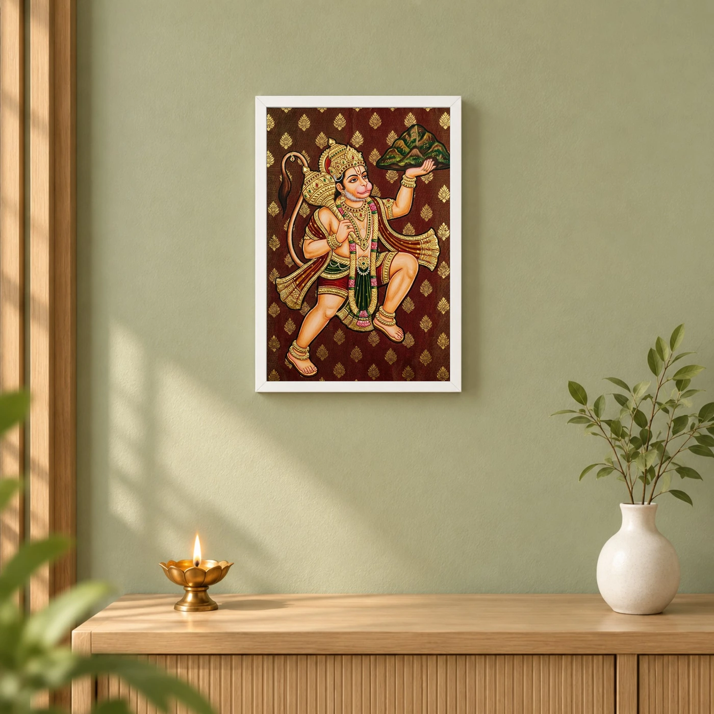Lord Hanuman Tanjore Painting Sanjeevani Gold South Indian Art Photo Frame 6 Lord Hanuman Tanjore Painting Sanjeevani Gold South Indian Art Photo Frame — white frame distant wall