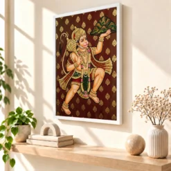 Lord Hanuman Tanjore Painting Sanjeevani Gold South Indian Art Photo Frame 15 Lord Hanuman Tanjore Painting Sanjeevani Gold South Indian Art Photo Frame — white frame warm console