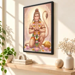 Sankat Mochan Hanuman Serene Lotus Peaceful Devotional Art Photo Frame — black frame console