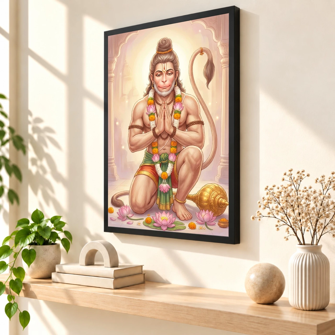 Sankat Mochan Hanuman Serene Lotus Peaceful Devotional Art Photo Frame 2 Sankat Mochan Hanuman Serene Lotus Peaceful Devotional Art Photo Frame — black frame console
