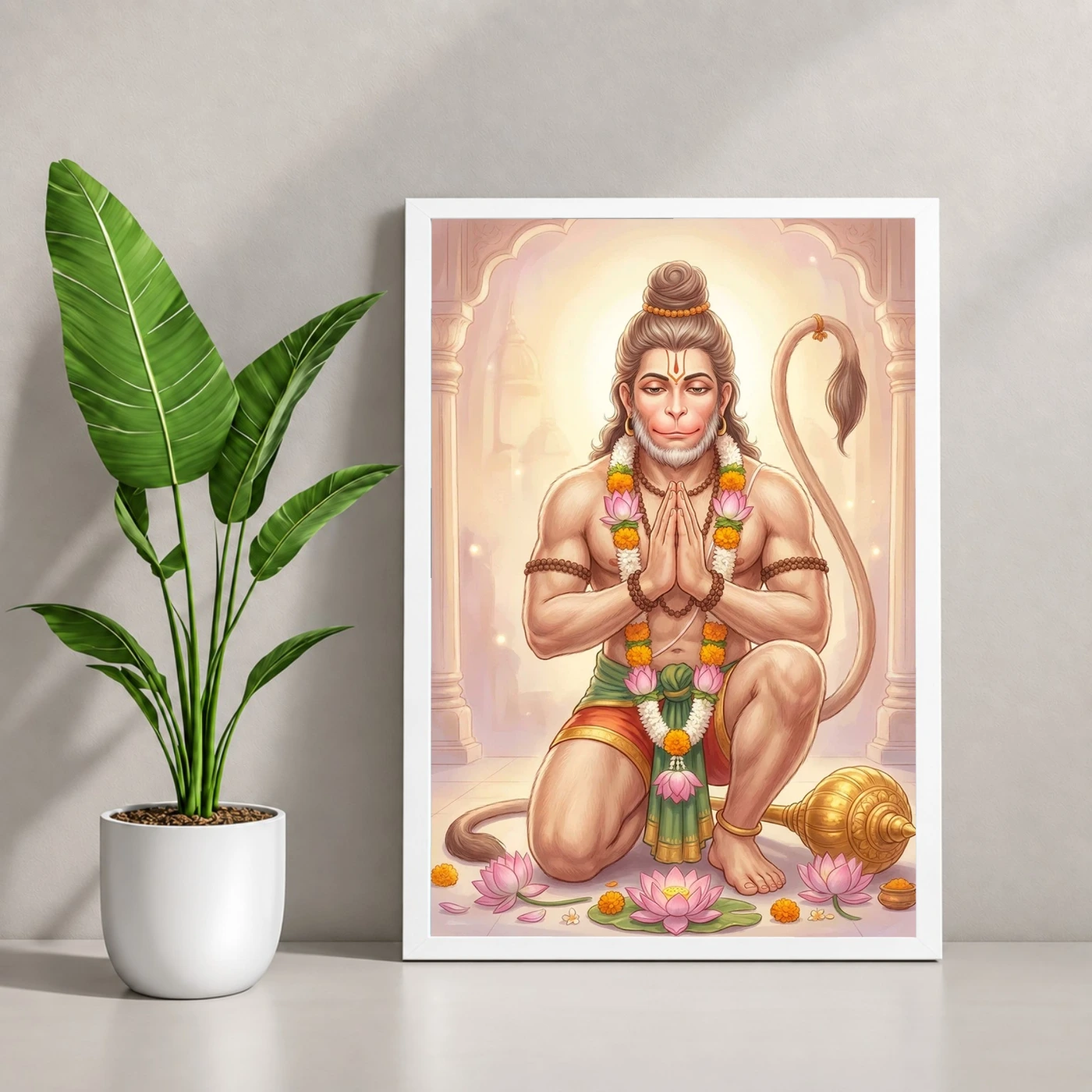 Sankat Mochan Hanuman Serene Lotus Peaceful Devotional Art Photo Frame 4 Sankat Mochan Hanuman Serene Lotus Peaceful Devotional Art Photo Frame — white frame console