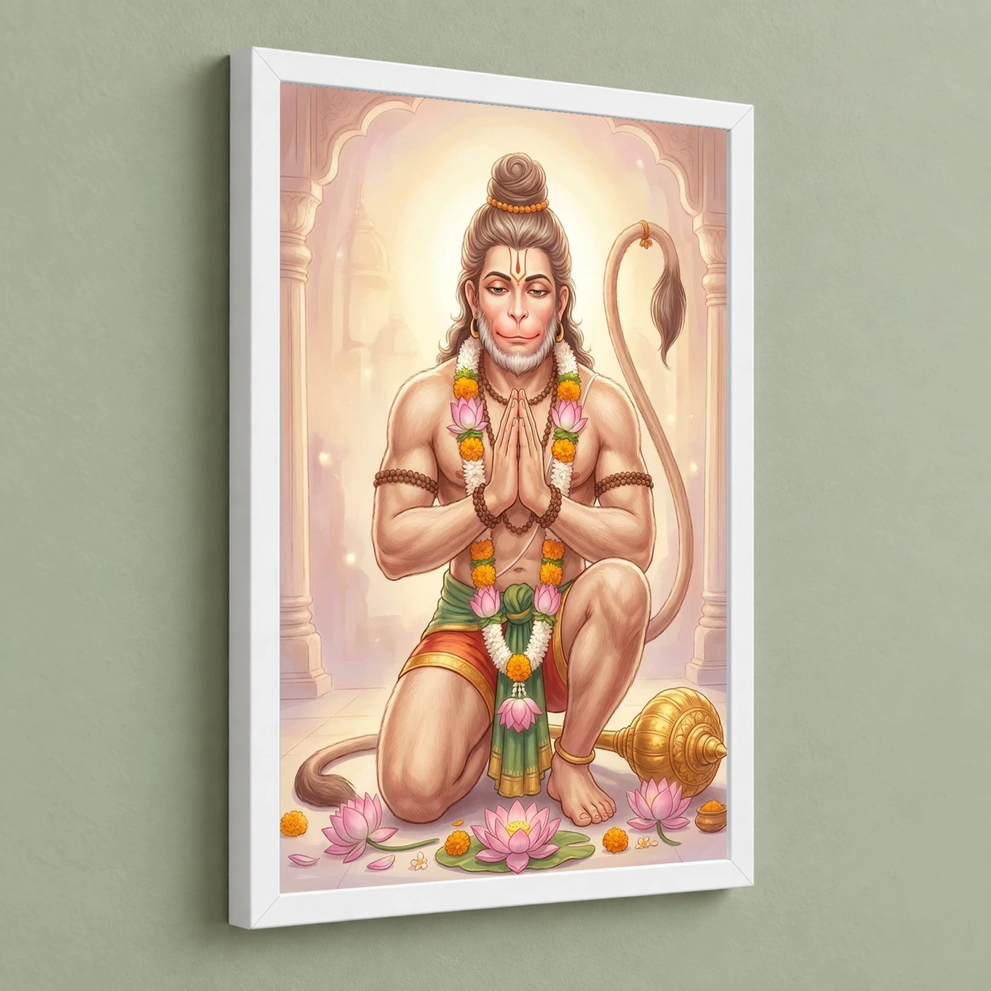Sankat Mochan Hanuman Serene Lotus Peaceful Devotional Art Photo Frame 5 Sankat Mochan Hanuman Serene Lotus Peaceful Devotional Art Photo Frame — white frame angled wall