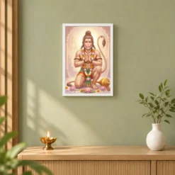 Sankat Mochan Hanuman Serene Lotus Peaceful Devotional Art Photo Frame 14 Sankat Mochan Hanuman Serene Lotus Peaceful Devotional Art Photo Frame — white frame distant wall