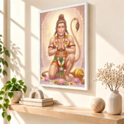Sankat Mochan Hanuman Serene Lotus Peaceful Devotional Art Photo Frame 15 Sankat Mochan Hanuman Serene Lotus Peaceful Devotional Art Photo Frame — white frame warm console