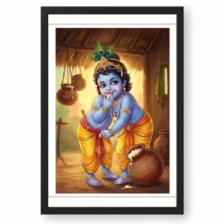 Bal Krishna Stealing Butter Makhan Chor Traditional Art Photo Frame — black frame clean