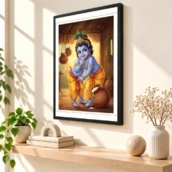 Bal Krishna Stealing Butter Makhan Chor Traditional Art Photo Frame — black frame console
