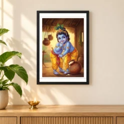 Bal Krishna Stealing Butter Makhan Chor Traditional Art Photo Frame — black frame pooja shelf