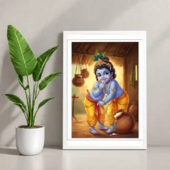 Bal Krishna Stealing Butter Makhan Chor Traditional Art Photo Frame — white frame console