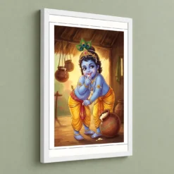Bal Krishna Stealing Butter Makhan Chor Traditional Art Photo Frame — white frame angled wall