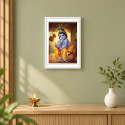 Bal Krishna Stealing Butter Makhan Chor Traditional Art Photo Frame — white frame distant wall