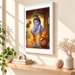 Bal Krishna Stealing Butter Makhan Chor Traditional Art Photo Frame — white frame warm console