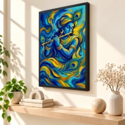 Krishna Abstract Blue Gold Contemporary Indian Gallery Art Photo Frame — black frame console