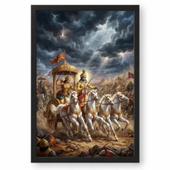 Krishna Arjuna Mahabharata Kurukshetra Chariot Epic Art Photo Frame — black frame clean