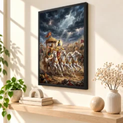Krishna Arjuna Mahabharata Kurukshetra Chariot Epic Art Photo Frame — black frame console