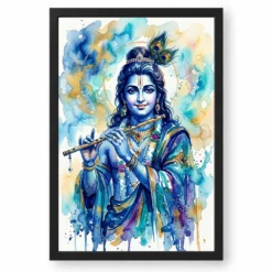 Krishna Contemporary Watercolor Blue Wash Modern Art Photo Frame — black frame clean