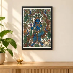 Krishna Gond Art Colorful Nature Patterns Tribal Art Photo Frame — black frame pooja shelf