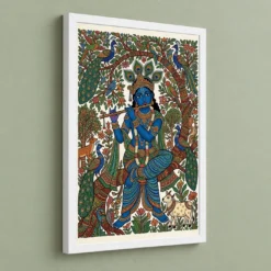 Krishna Gond Art Colorful Nature Patterns Tribal Art Photo Frame — white frame angled wall