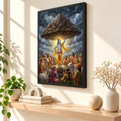 Krishna Govardhan Mountain Lifting Divine Scene Epic Art Photo Frame — black frame console