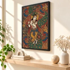 Krishna Kalamkari Peacock Motif Andhra Traditional Art Photo Frame — black frame console