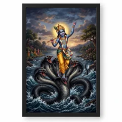 Krishna Kaliya Mardan Serpent Dance Yamuna River Art Photo Frame — black frame clean