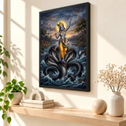 Krishna Kaliya Mardan Serpent Dance Yamuna River Art Photo Frame — black frame console