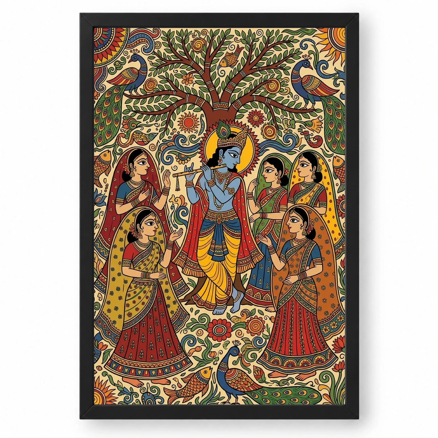 Krishna Madhubani Folk Art Gopis Bihar Traditional Art Photo Frame 1 Krishna Madhubani Folk Art Gopis Bihar Traditional Art Photo Frame — black frame clean