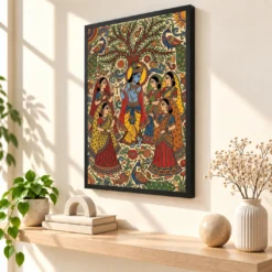 Krishna Madhubani Folk Art Gopis Bihar Traditional Art Photo Frame — black frame console