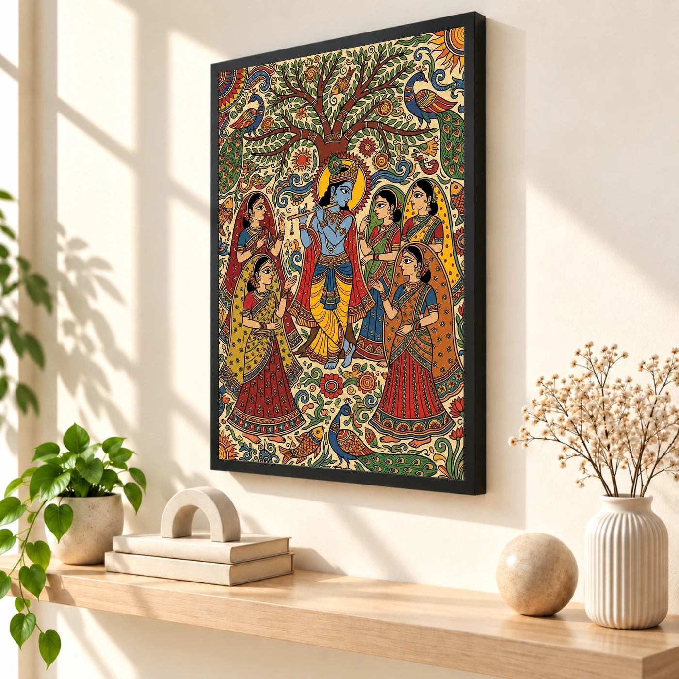 Krishna Madhubani Folk Art Gopis Bihar Traditional Art Photo Frame 2 Krishna Madhubani Folk Art Gopis Bihar Traditional Art Photo Frame — black frame console