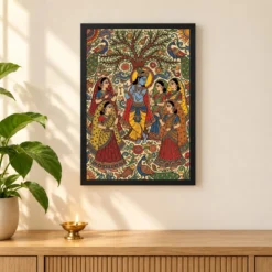 Krishna Madhubani Folk Art Gopis Bihar Traditional Art Photo Frame 11 Krishna Madhubani Folk Art Gopis Bihar Traditional Art Photo Frame — black frame pooja shelf