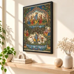 Krishna Pattachitra Odisha Folk Art Nature Pattern Photo Frame — black frame console