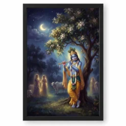 Krishna Playing Flute Kadamba Tree Vrindavan Moonlit Art Photo Frame — black frame clean