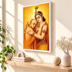 Krishna Sudama Friendship Devotional Golden Traditional Art Photo Frame — white frame warm console